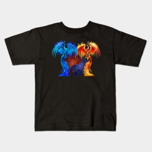 Fantasy Fire And Ice Phoenix Red Blue Yin Yang Kids T-Shirt